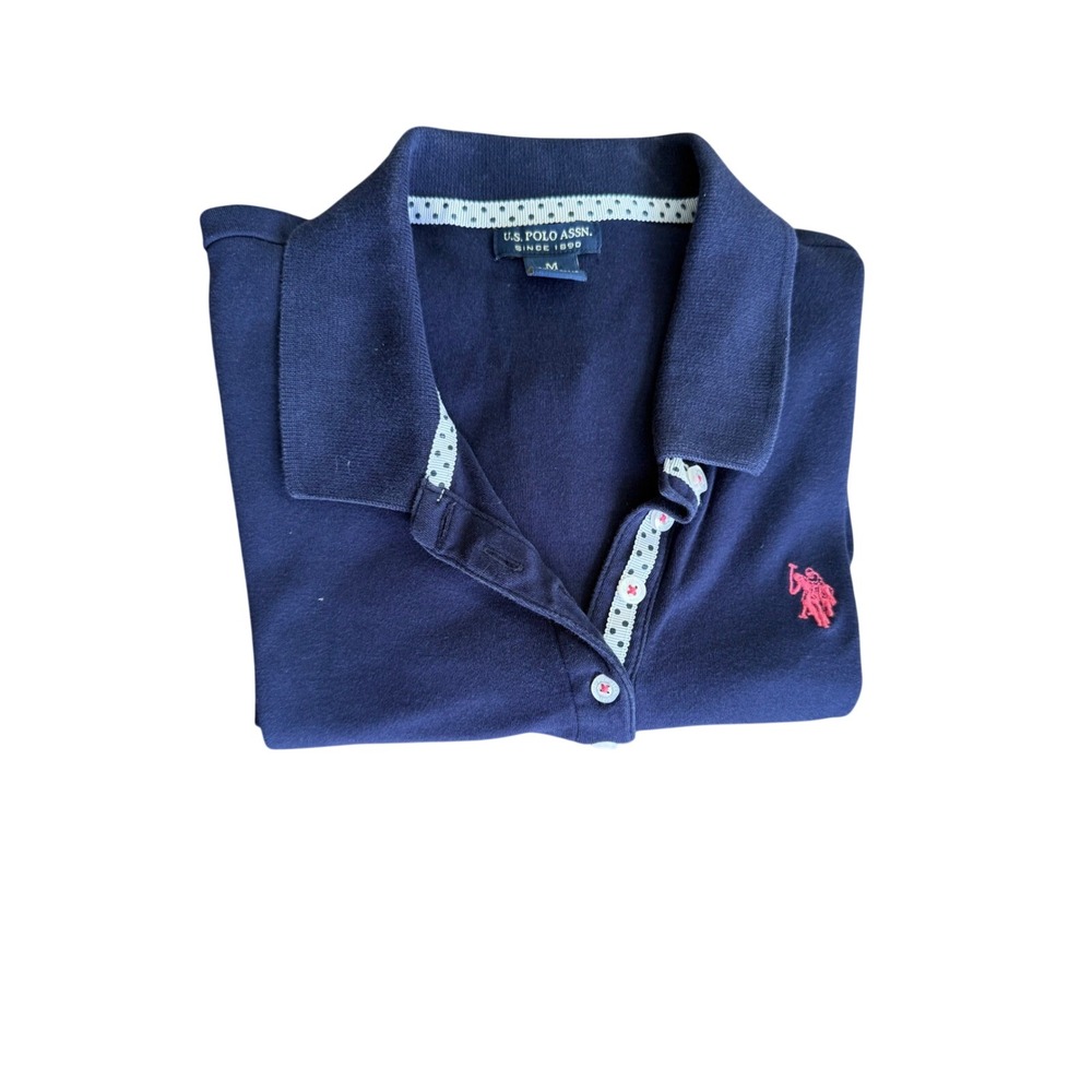 U.S. Polo Assn. Navy Blue Cotton Polo Shirt Polka Dot Trim Women Medium Preppy - Picture 6 of 6